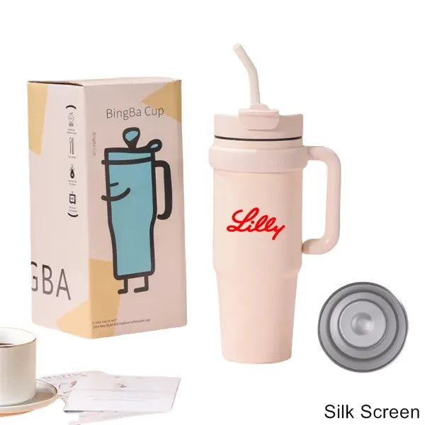 30 oz Double Wall Stainless Straw Tumbler with Handle & Lid
