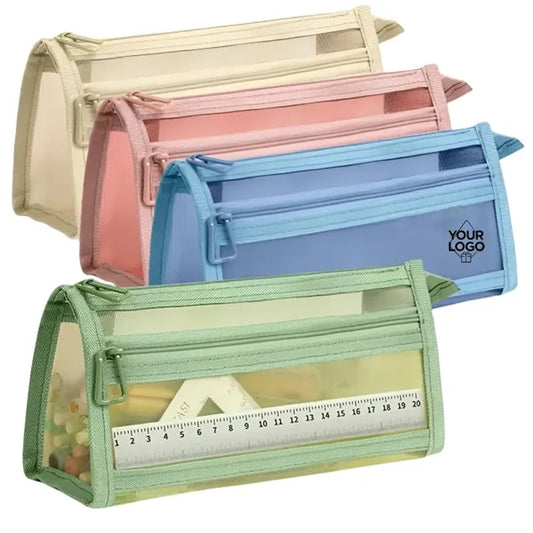 Grid Mesh Pencil Case with Handle and Zipper