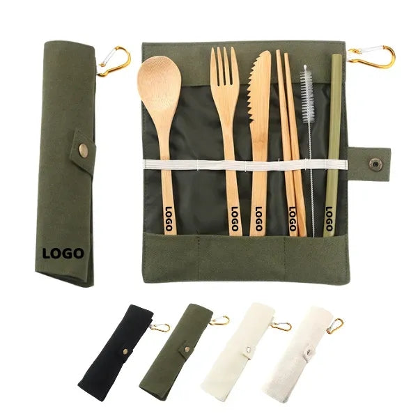 Bamboo Eco Travel Utensil Set with Roll-Up Pouch