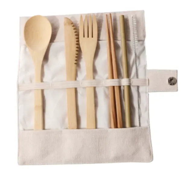Bamboo Eco Travel Utensil Set with Roll-Up Pouch