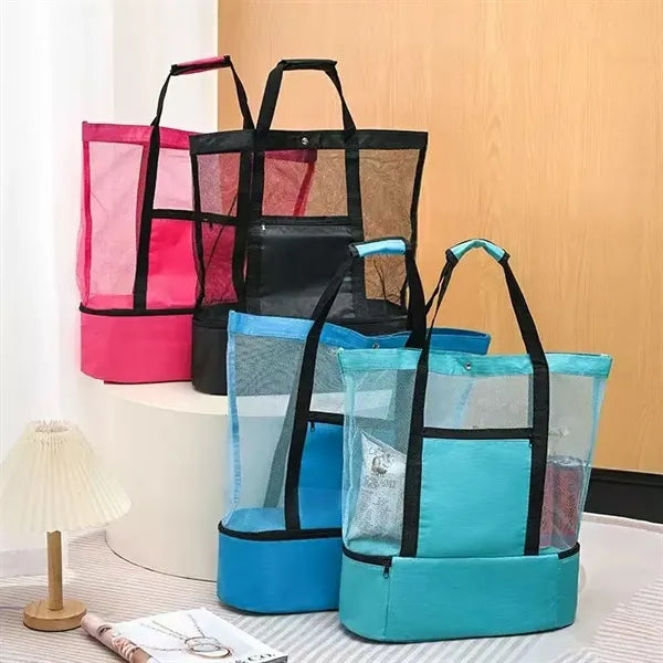 Mesh Insulated Picnic Beach Bag With Cooler Compartment