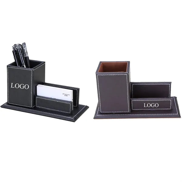 PU Leather Pencil Holder With Business Cards Stand
