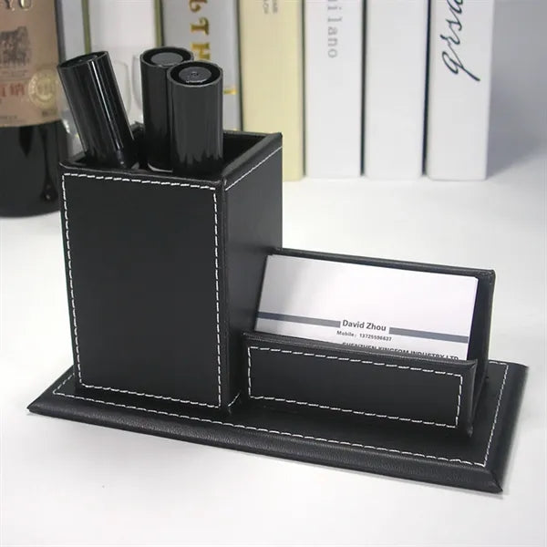 PU Leather Pencil Holder With Business Cards Stand