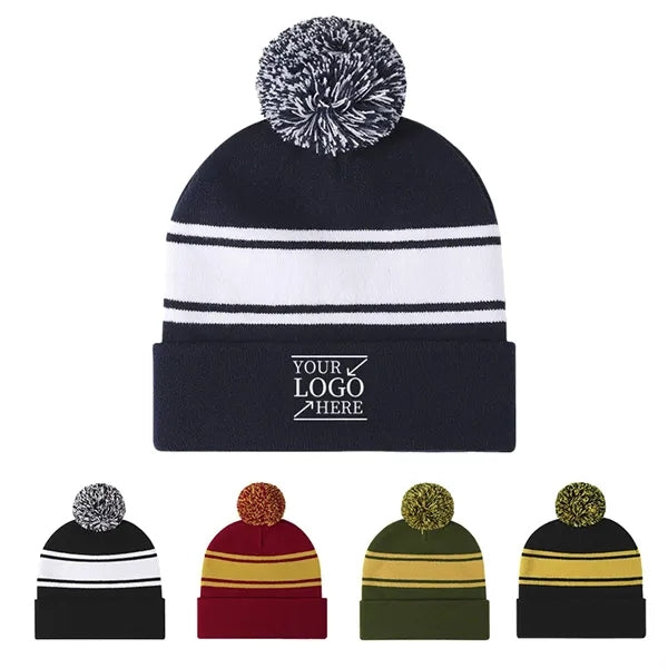 Two-Tone Knit Pom Beanie With Cuff
