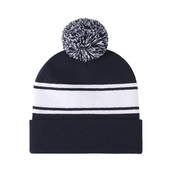 Two-Tone Knit Pom Beanie With Cuff