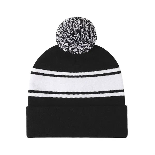 Two-Tone Knit Pom Beanie With Cuff
