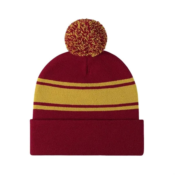 Two-Tone Knit Pom Beanie With Cuff