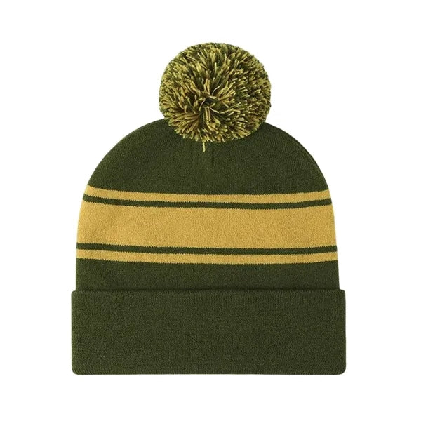 Two-Tone Knit Pom Beanie With Cuff