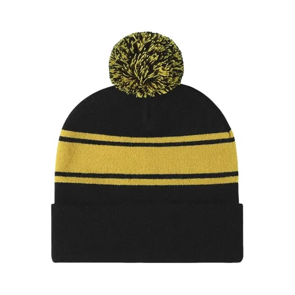 Two-Tone Knit Pom Beanie With Cuff