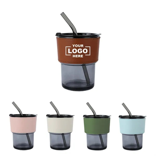 2-in-1 Glass Tumbler Set with Lid, Straws & Leather Sleeve