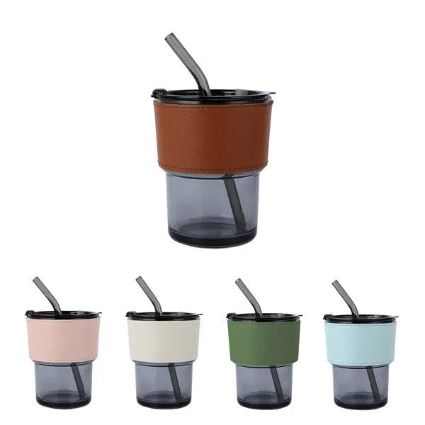 2-in-1 Glass Tumbler Set with Lid, Straws & Leather Sleeve