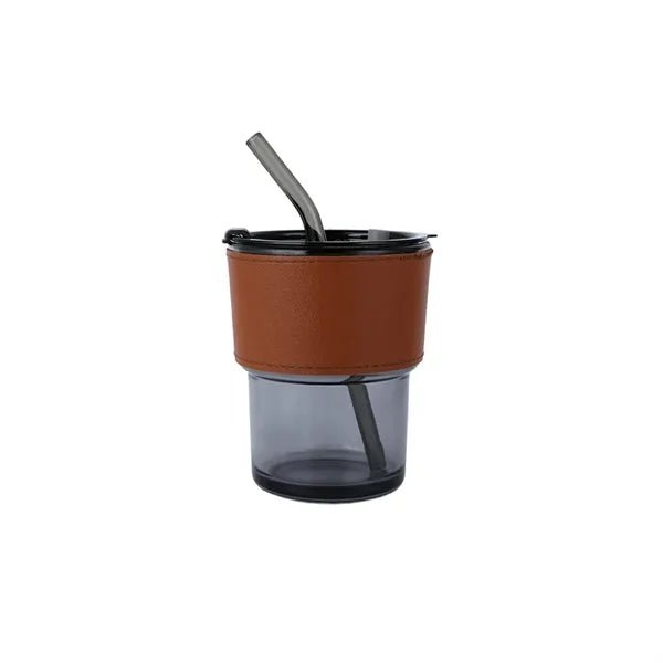 2-in-1 Glass Tumbler Set with Lid, Straws & Leather Sleeve
