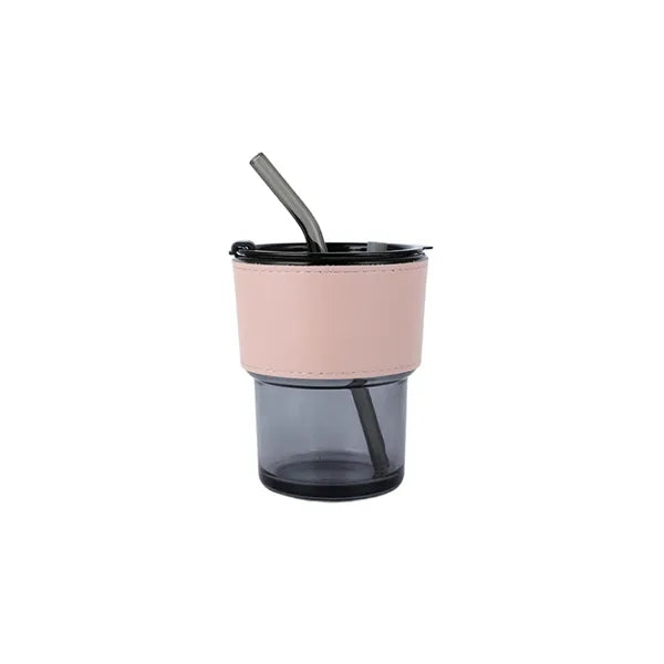 2-in-1 Glass Tumbler Set with Lid, Straws & Leather Sleeve
