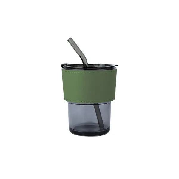 2-in-1 Glass Tumbler Set with Lid, Straws & Leather Sleeve