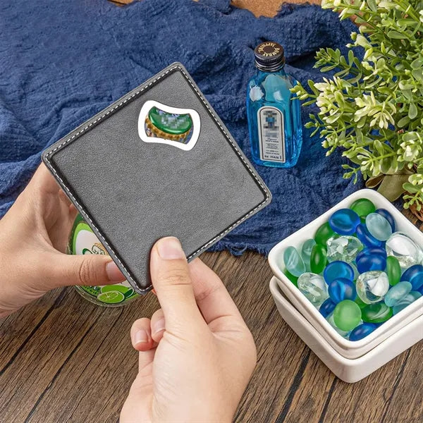 Leather Shell Stainless Steel Bottle Opener and Coaster