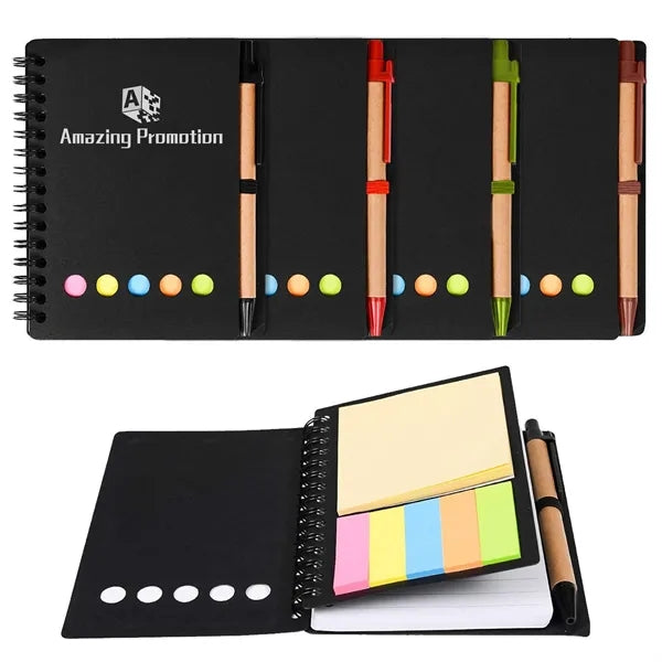 Spiral Notebook with Sticky Note Index Tabs, Ballpoint Pen