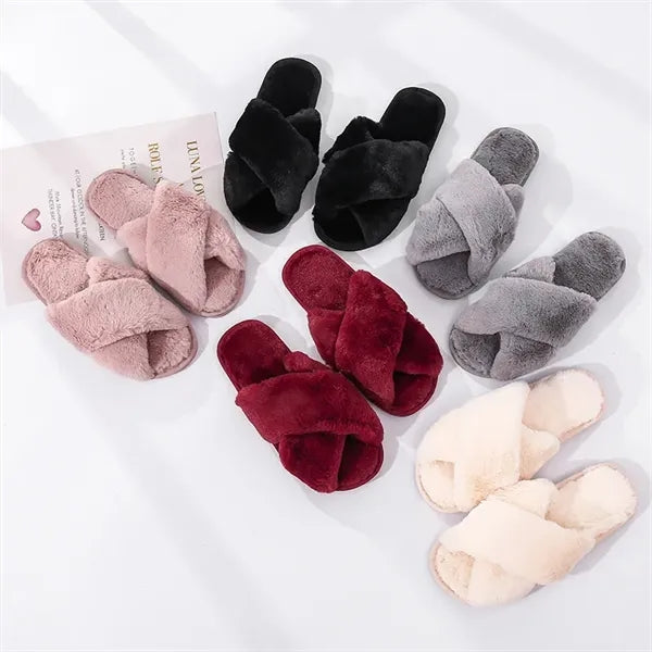 Faux Rabbit Fur Cross-Band Slippers