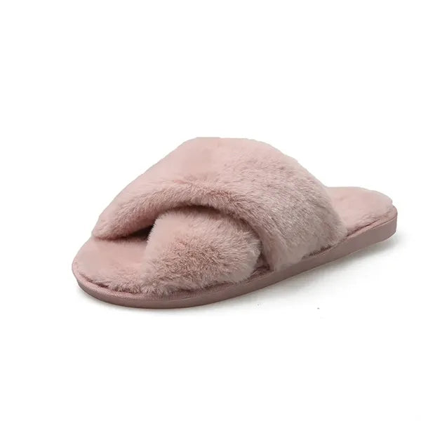 Faux Rabbit Fur Cross-Band Slippers