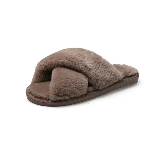 Faux Rabbit Fur Cross-Band Slippers