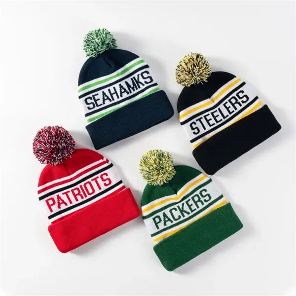 Knit Pom Jacquard Beanie Hat W/ Cuff