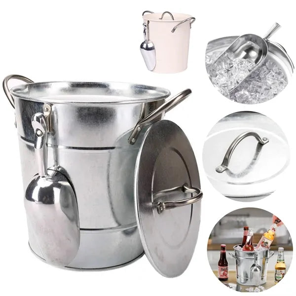 4L Silver Double Walled Ice Bucket With Lid And Scoop