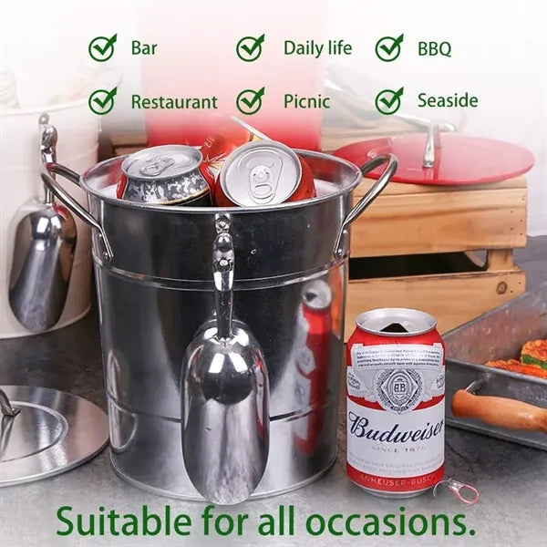 4L Silver Double Walled Ice Bucket With Lid And Scoop