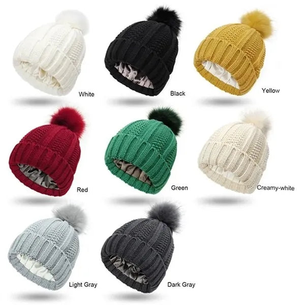 Satin Lined Knit Beanie with Pom for Winter Hair Care