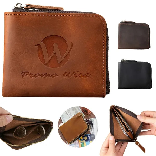 Retro Crazy Horse Leather Zipper Flat Wallet