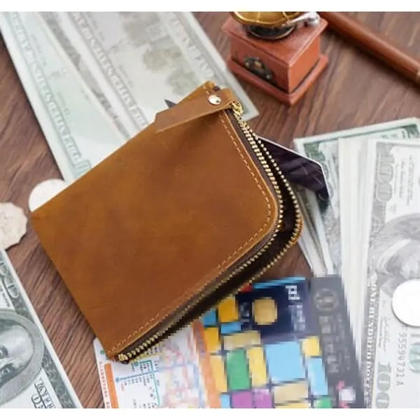 Retro Crazy Horse Leather Zipper Flat Wallet