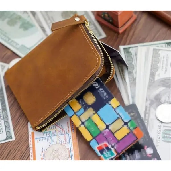 Retro Crazy Horse Leather Zipper Flat Wallet