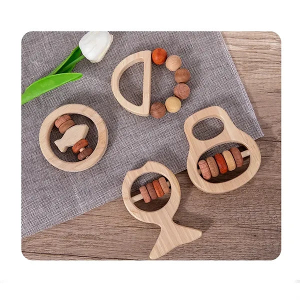 Wooden Rainbow Color Rattles Toy Set for Infant Newborn