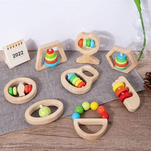 Wooden Rainbow Color Rattles Toy Set for Infant Newborn