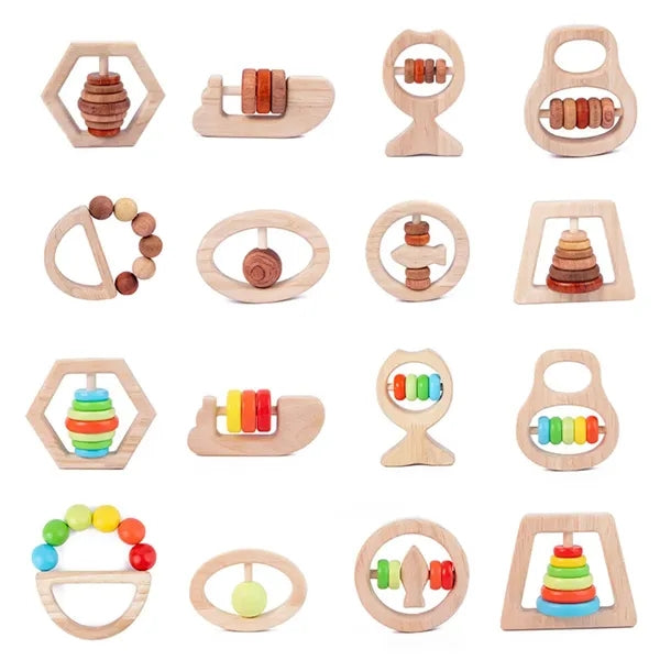 Wooden Rainbow Color Rattles Toy Set for Infant Newborn