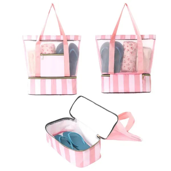Mesh Beach Tote Bag with Shoe Compartment
