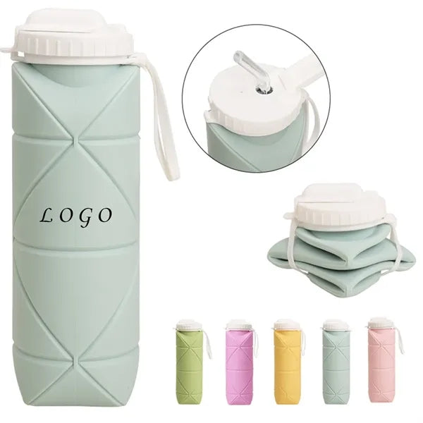 20oz Collapsible Portable Silicone Water Bottle With Straw