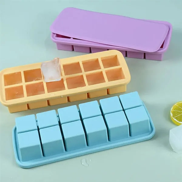 Square 12-Cell Silicone Ice Cube Tray with Lids