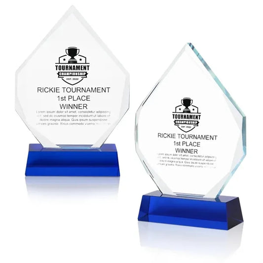 Diamond Shape Crystal Award With Blue Base