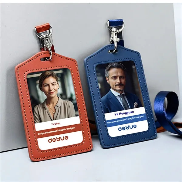 Logo Leather Badge Holder with Lanyard Hook