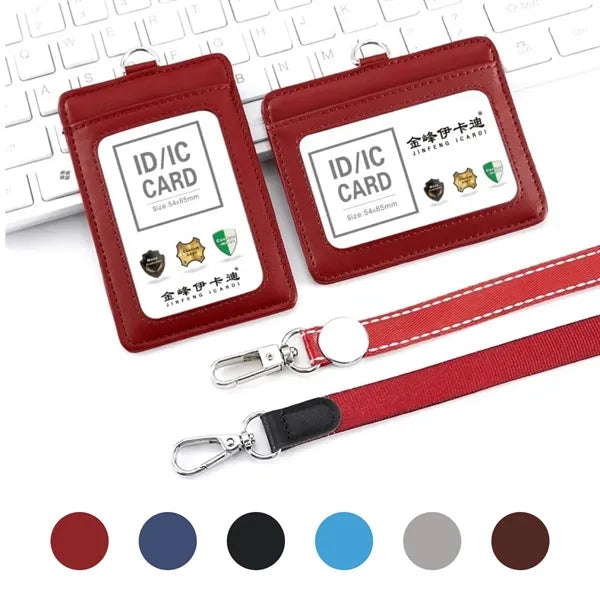 Leather ID Badge Holder with Round Cord Lanyard
