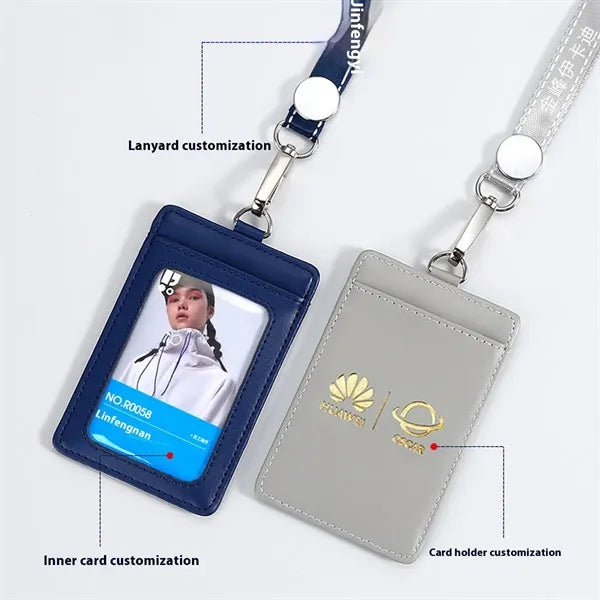 Leather ID Badge Holder with Round Cord Lanyard