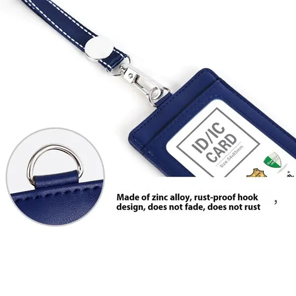 Leather ID Badge Holder with Round Cord Lanyard