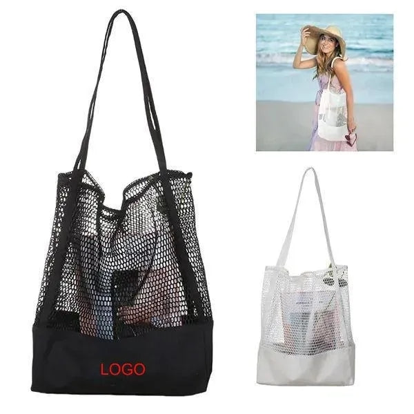 Mesh Bag Canvas Beach Tote Shoulder Handbag Foldable