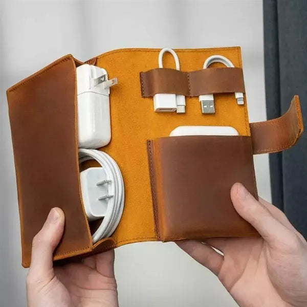 3 Compartments Vintage Leather Cable Pouch