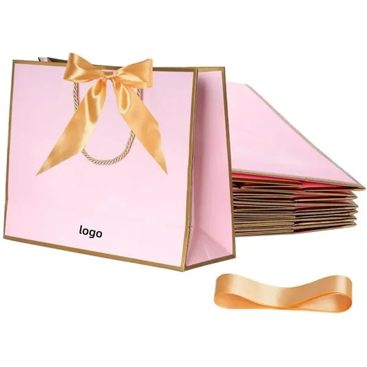 Gold Trim Paper Gift Bag with Ribbon Bow