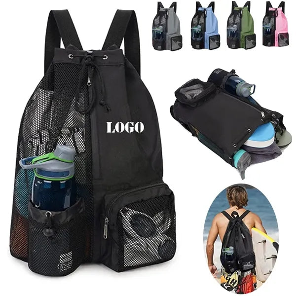 Unisex Swim Mesh Bag Drawstring Backpack with Wet Pocket