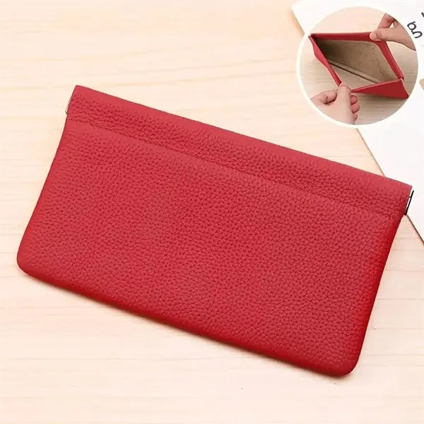Self-Closing Genuine Cowhide Long Wallet Cosmetic Bag