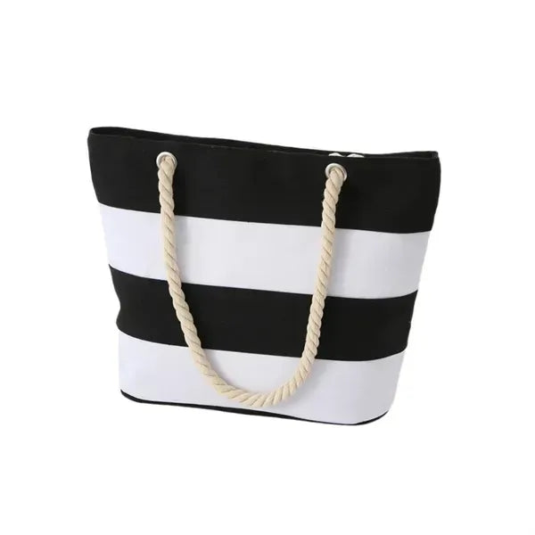 Striped Canvas Beach Tote - Large Bag with Rope Handles