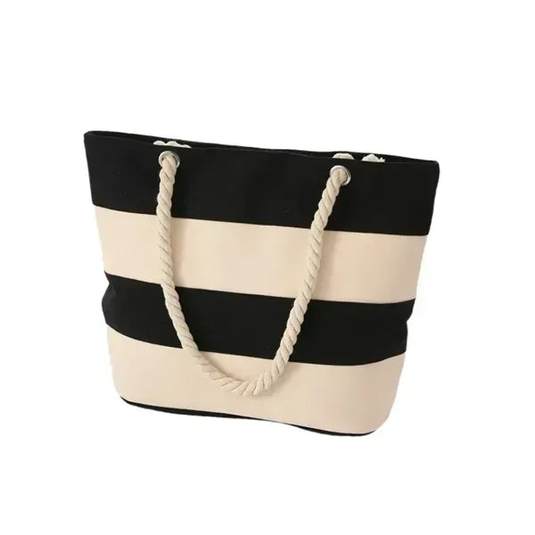 Striped Canvas Beach Tote - Large Bag with Rope Handles
