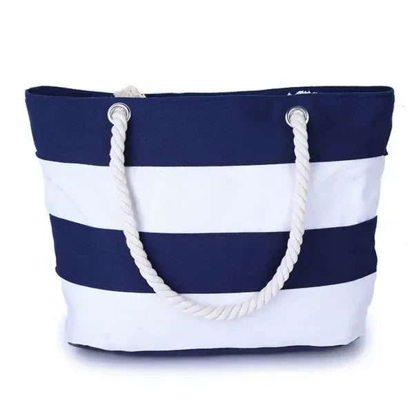 Striped Canvas Beach Tote - Large Bag with Rope Handles