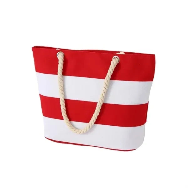 Striped Canvas Beach Tote - Large Bag with Rope Handles